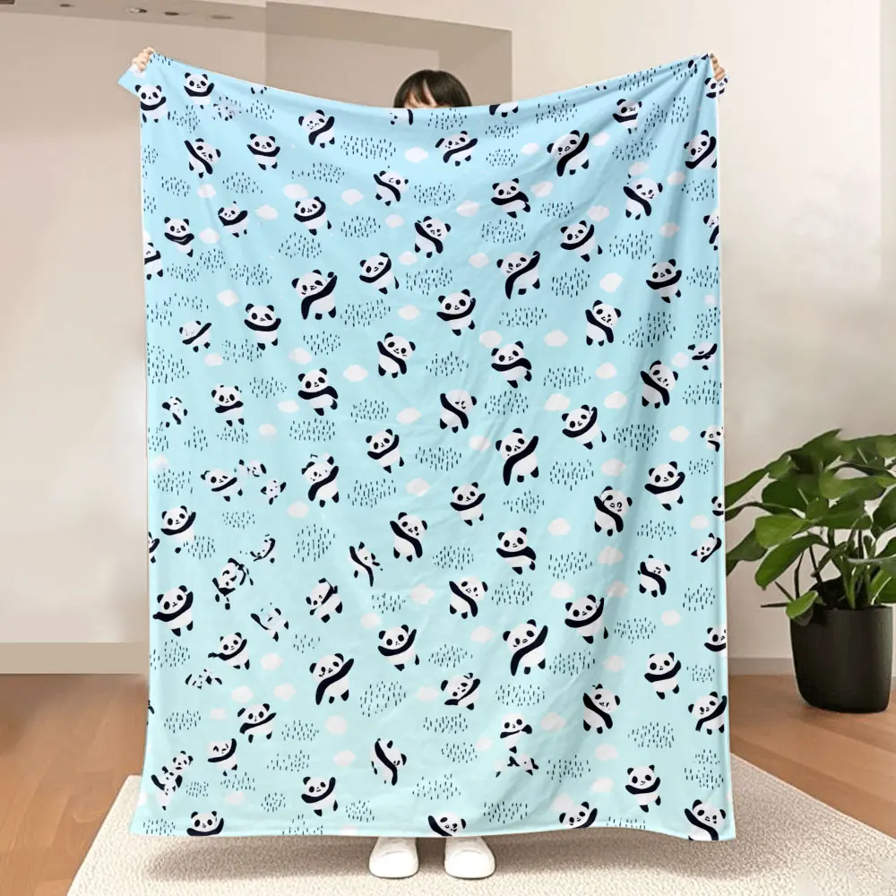 Light Blue Whimsical Panda Clouds Throw Blanket - Soft, Cosy Printed Blanket with Cute Pandas, Scattered Clouds & Dotted Patt