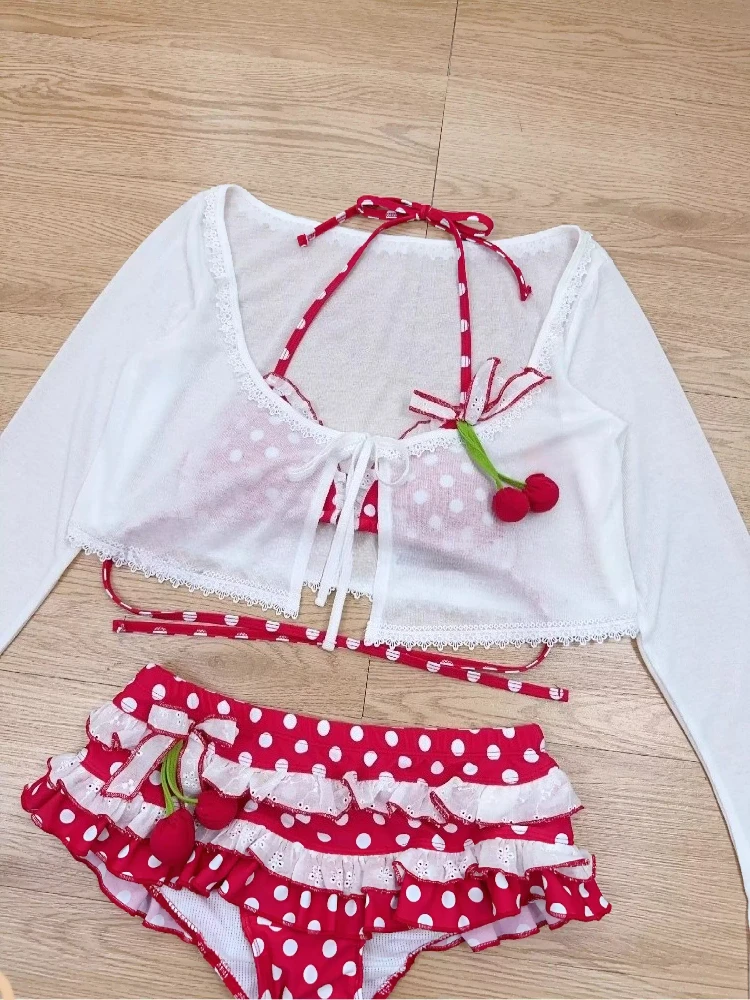 2026 Kawaii Sweet Swimwear Bikini Women Beach Style Sexy Lace-up Splicing Vintage Y2k Beachwear Japanese Holidays Swimsuit New