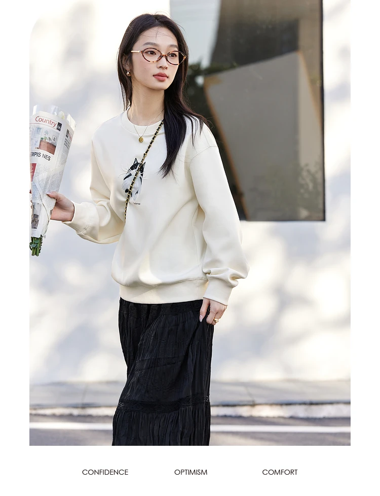 VIMLY Women's Sweatshirt 2025 Spring Autumn Cute Cat Print Loose Pullover Crew Neck Long Sleeve Top Female Clothes A0503