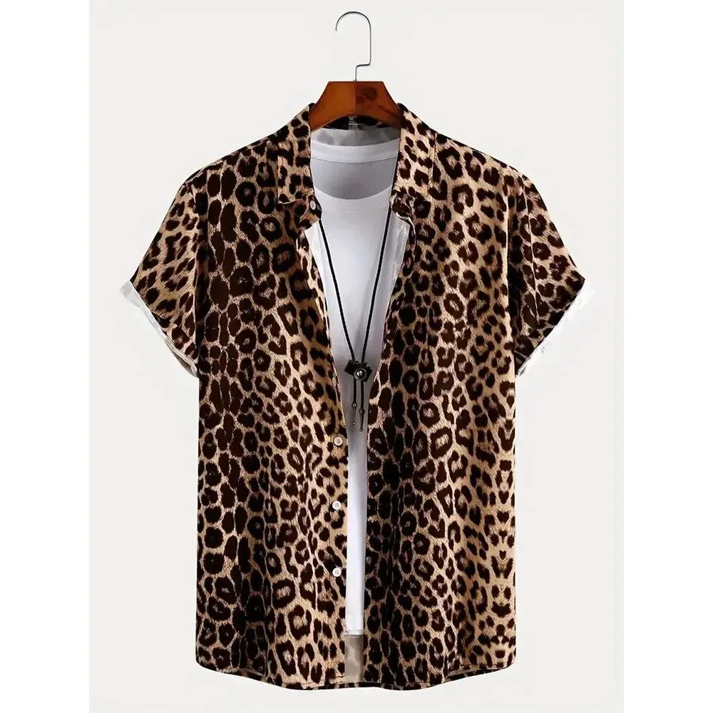 

Retro leopard print full print shirt, men's sexy wild style loose short sleeved personalized shirt