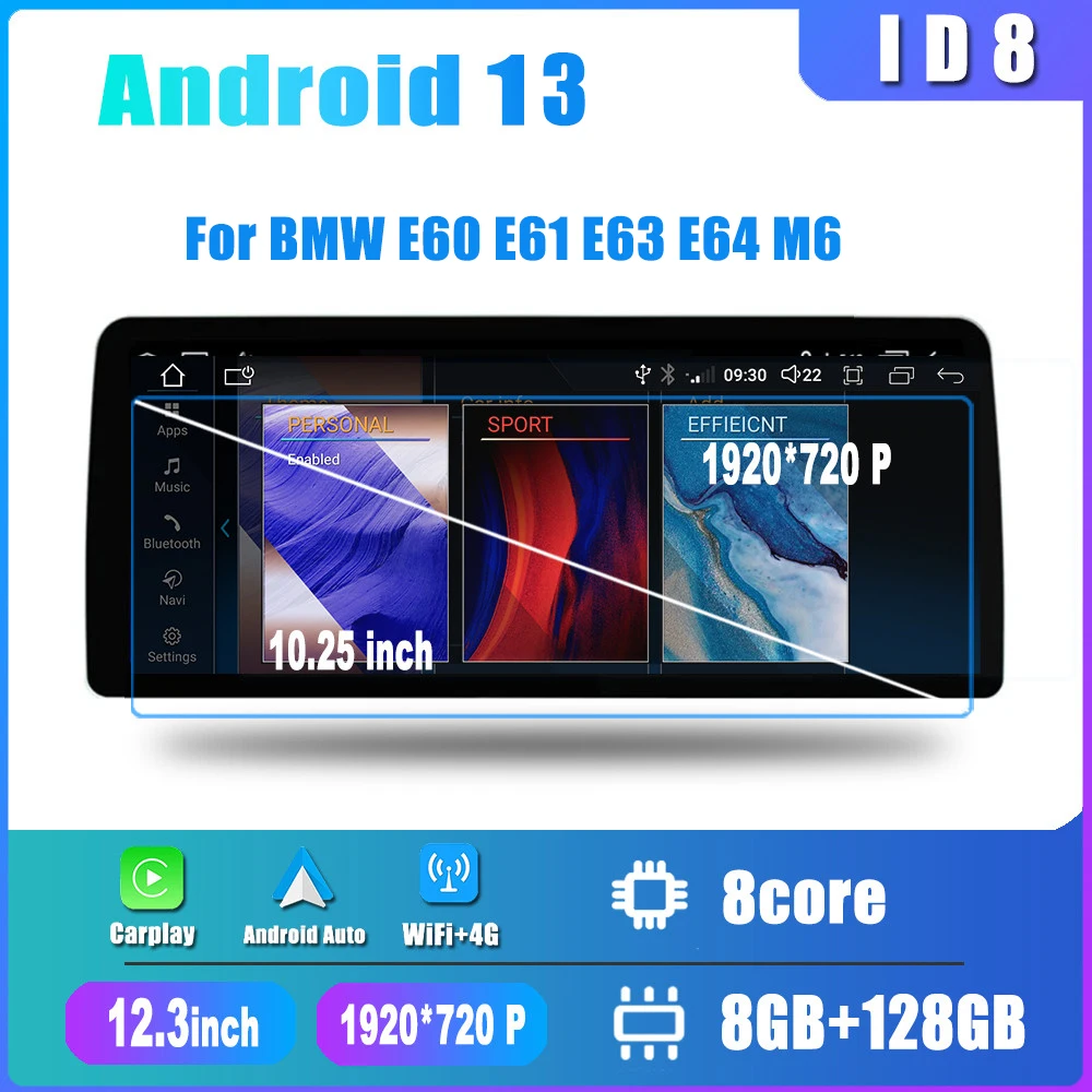 ID8 12.3 Inch 1920*720P IPS Screen Android 13 Car Multimedia Player For BMW Series 5 E60 E61 E63 E64 M6 CCC CIC Pantalla CarPlay