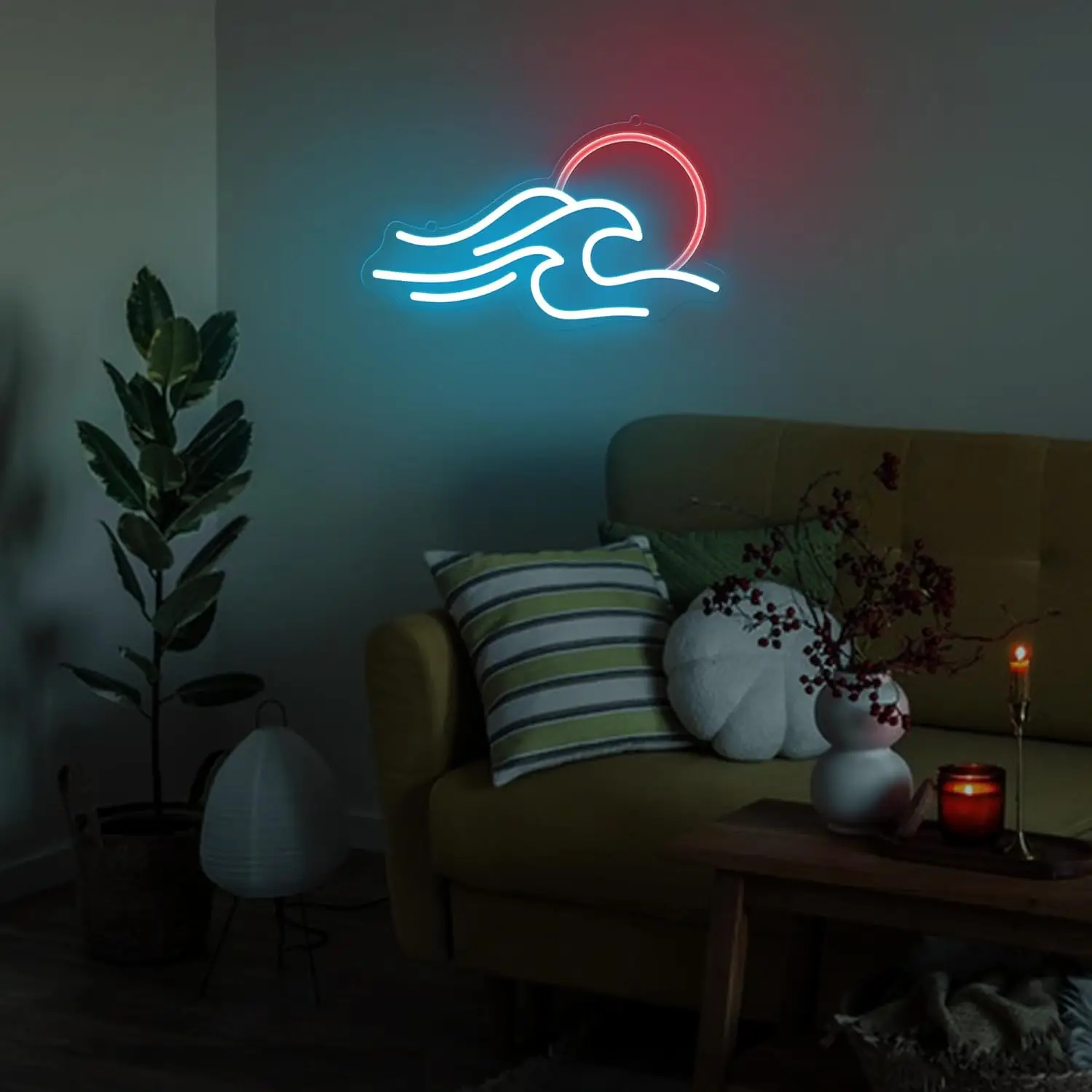 Sunrise Wave Neon Sign Blue Sea Wall Decor Sun Sunset LED Light Bedroom Room Hotel Partner Company Studio Sushi Japanese Japan