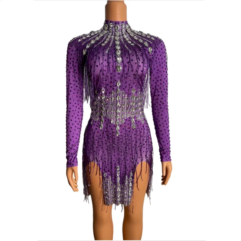 Women Sparkly Rhinestone Purple Fringes Short Dress Singer Dancer Costume Stage Wear Birthday Outfits for Women Sexy Club Party