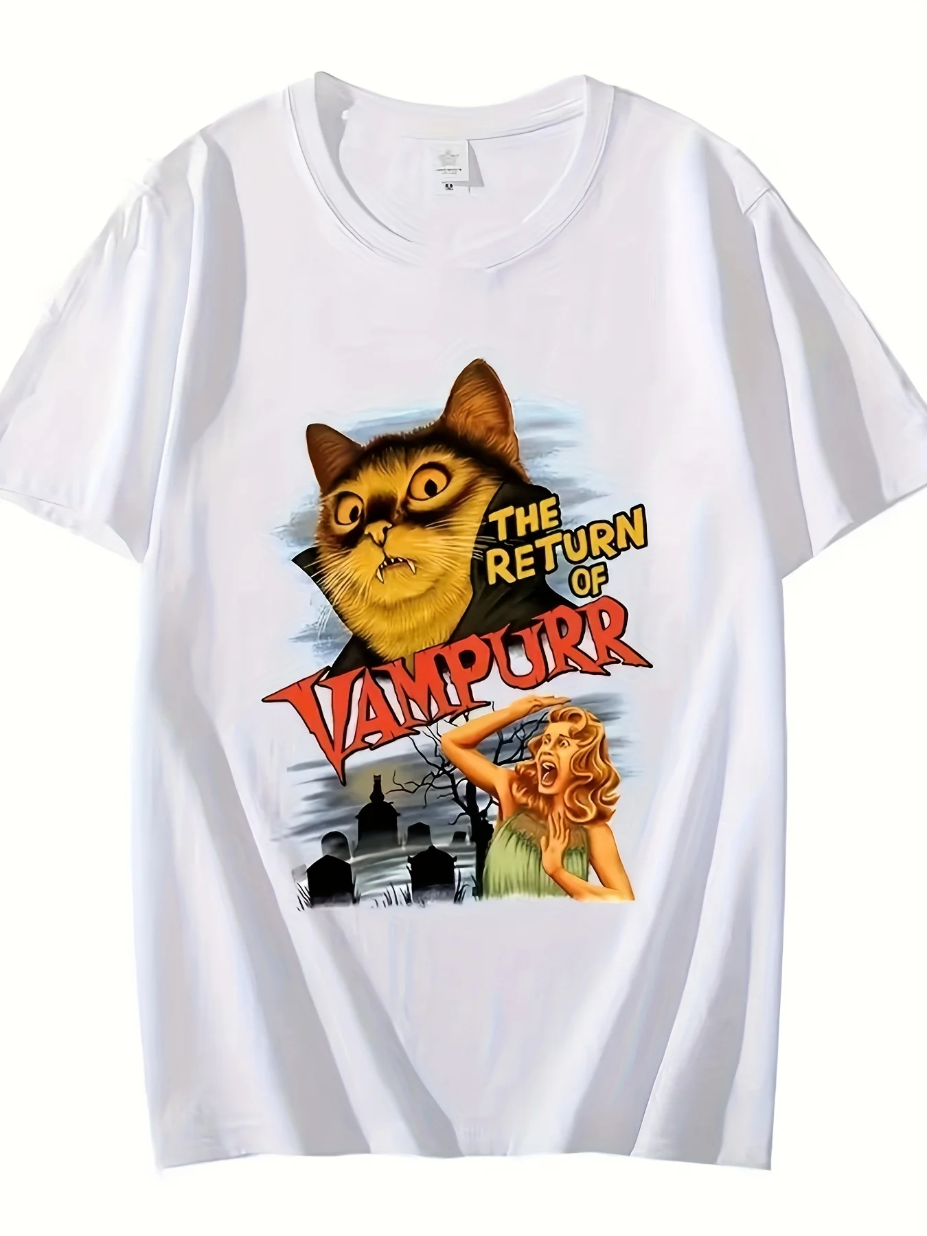 Vintage Vampurr Horror Cat Movie T Shirt Halloween Graveyard Graphic Crew Neck Cotton Funny Cat Lover Casual Streetwear Tee