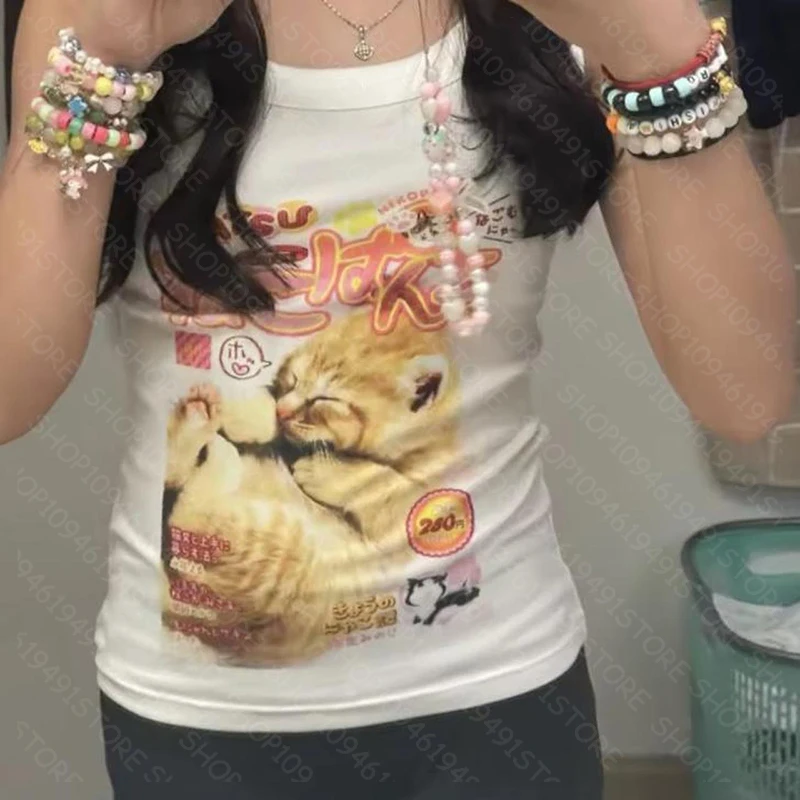 ملابس كيتي اللطيفة Y2k ملابس هاراجوكو ريترو قصيرة مطبوعة جمالية الجرونج بأكمام قصيرة ملابس نسائية ملابس شوجو