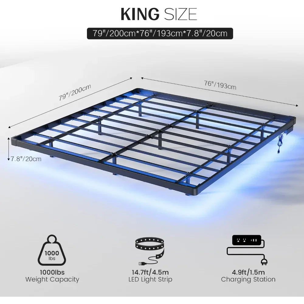 Floating Bed Frame King Size with LED Lights and Charging Station-Metal Platform Bed Frame,No Box Spring Needed, Easy Assembly