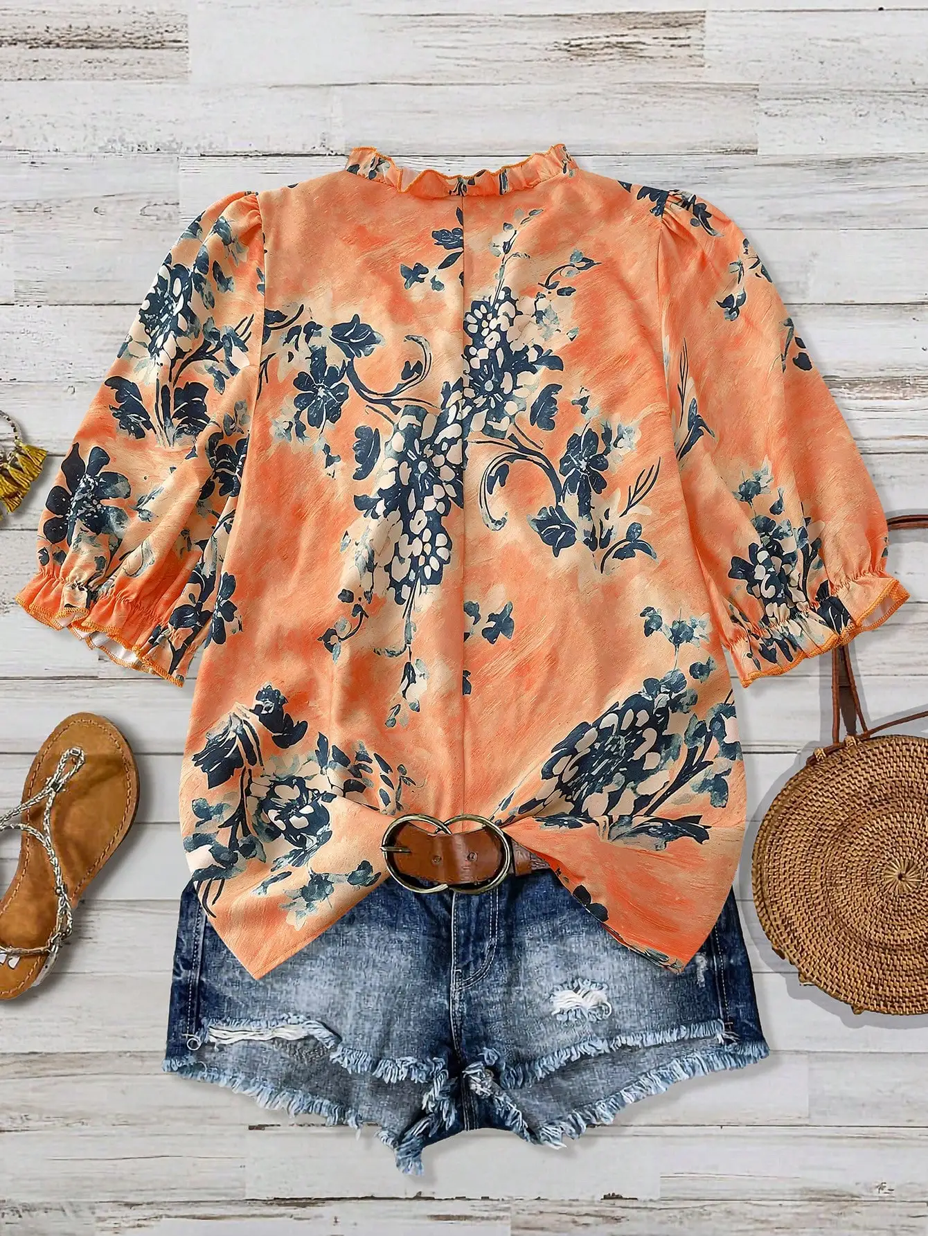 

Orange Floral Print Loose Boho Blouse With Ruffled Collar And Puff Sleeves