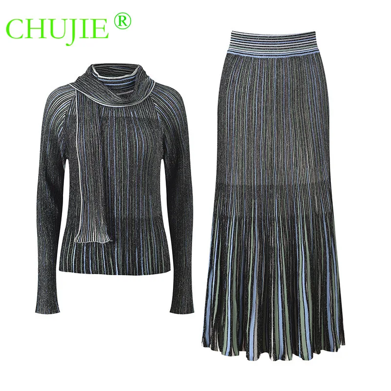 

CHUJIE 2026 Spring Summer New Style Color-Block Vertical Stripe Tie-Neck Half-High Collar Long-Sleeve Knit Top + Skirt Set