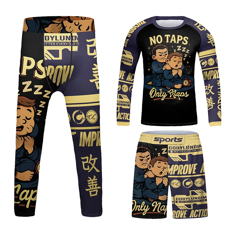 Children Bodybuilding Rashgaurd Outfits Cody Lundin MMA Brazilian Grappling No Gi Jiu Jitsu Tees+Shorts Muay Thai Rashguard Sets