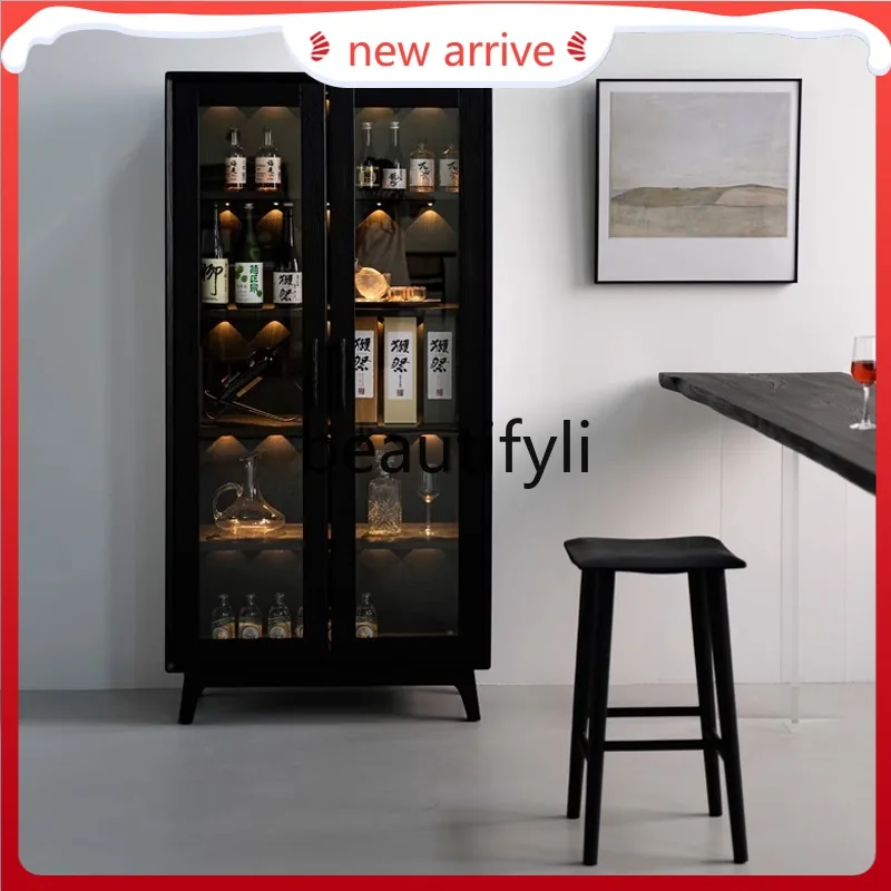 

D2520 Black ash wood glass wine cabinet, household wall side locker, light luxury red wine cabinet