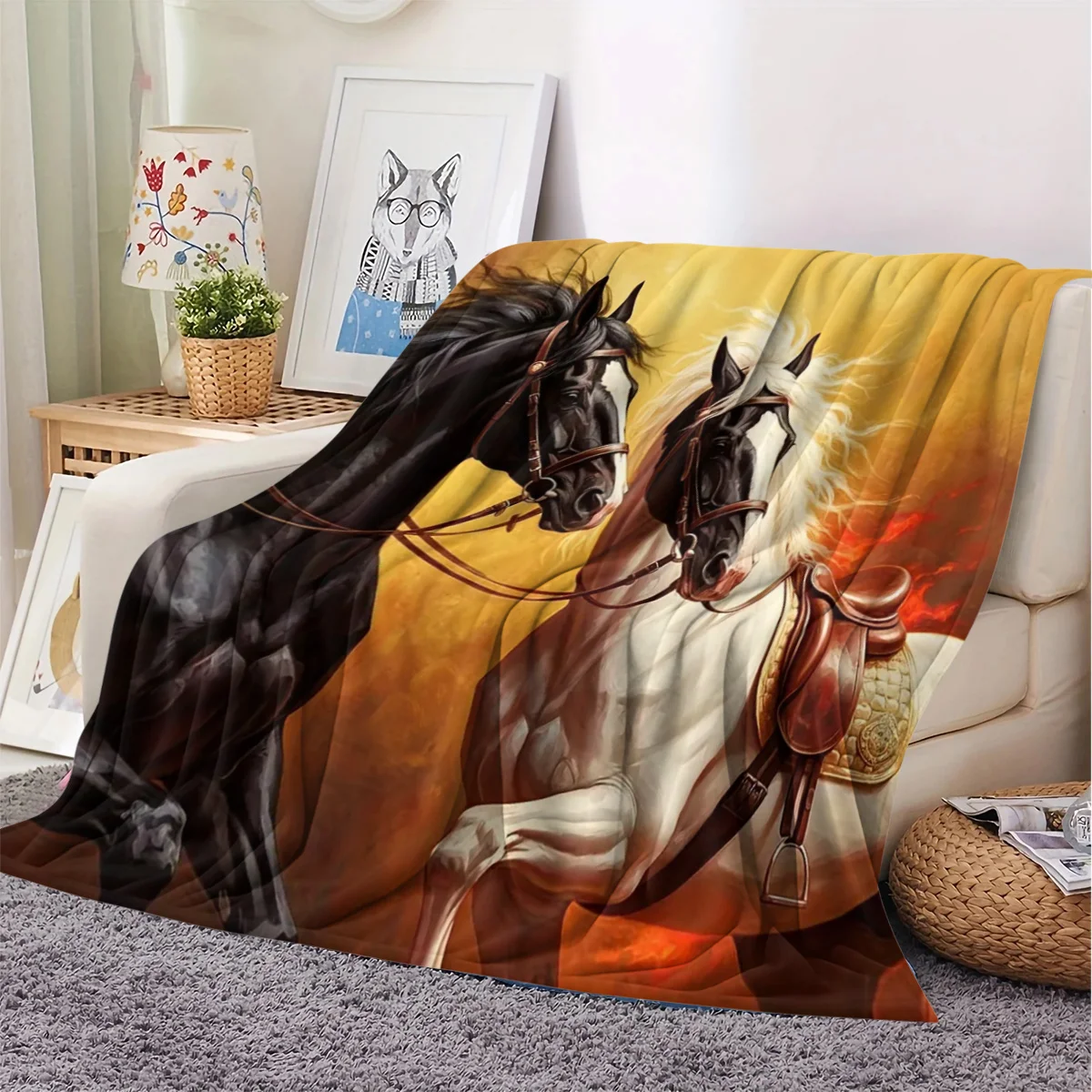 Soft Flannel Blanket Vintage Oil Painting Art Powerful Black & White Stallion Horses With Saddle On Fiery Golden Background