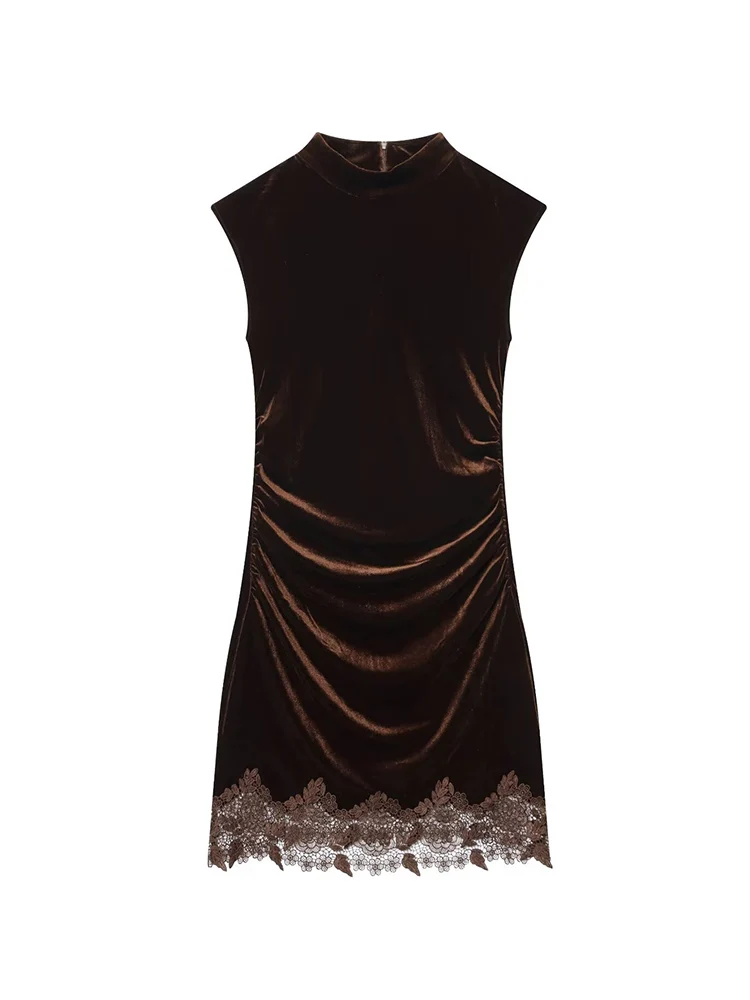 TFMLN ชุดมินิเดรสผู้หญิงฤดูใบไม้ร่วงใหม่แขนกุดผ้ากำมะหยี่แต่งลูกไม้เดรสสั้นหรูหราคอสูงครึ่งตัวแฟชั่นเดรสทรงเข้ารูป