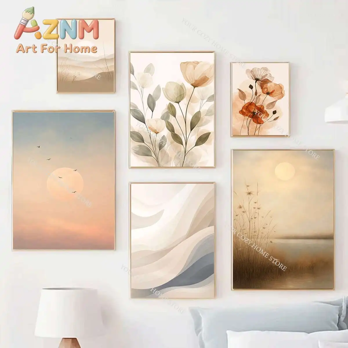 Bohemian style watercolor botanical art poster, neutral-toned floral canvas painting, home decor,bedroom/living room decoration