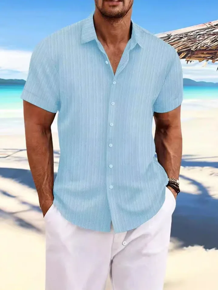 

Summer Hit Loose Men's Striped Sports Casual ort Sve irt Upper Body Breathable Thin Material Youth Square Collar Button