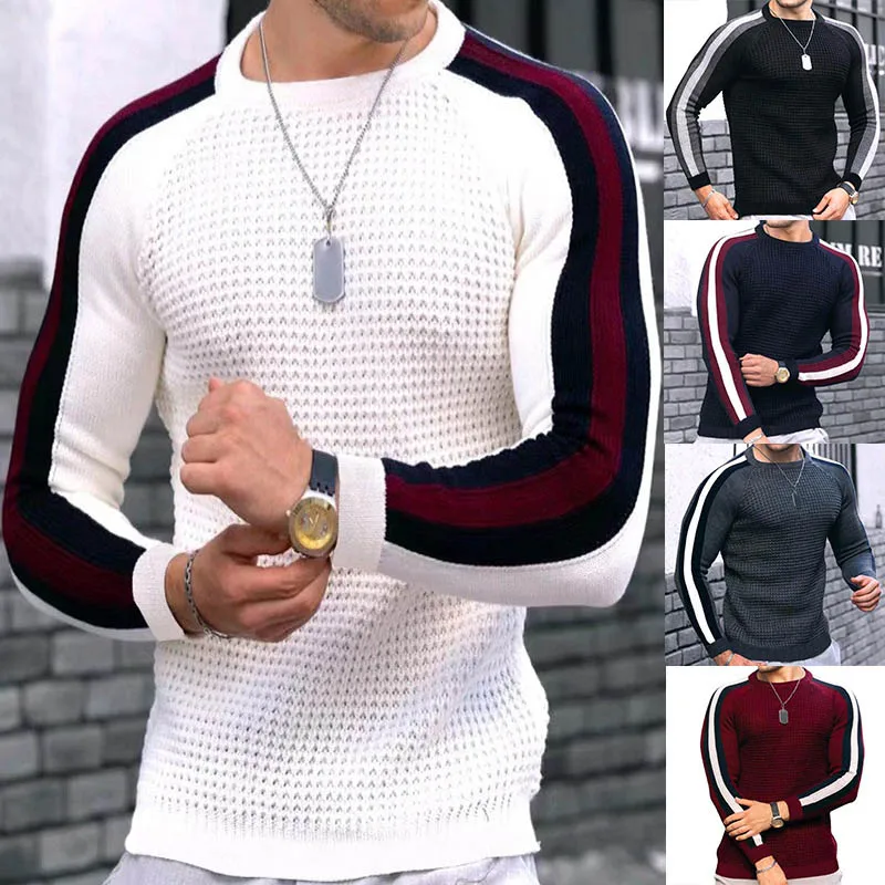 Men's Sweater Autumn Winter Casual Solid Knitted Sweaters Men Pullovers Long Sleeve O-neck Striped Sweater Knitwear Men's Coats