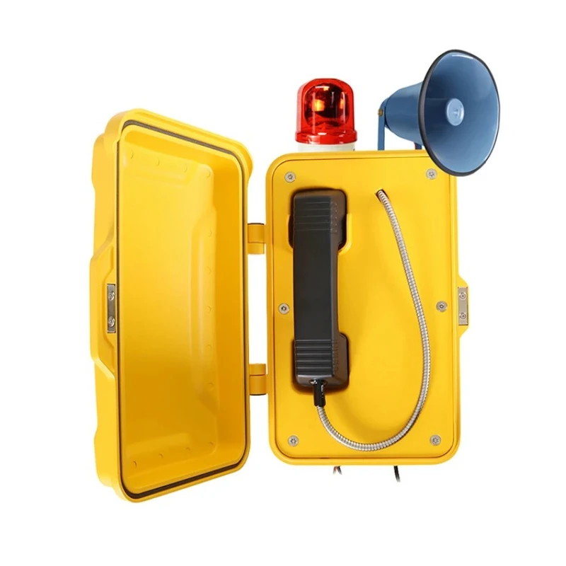 

Hands-free emergency wired phone with beacon and speaker hotline for broadcasting