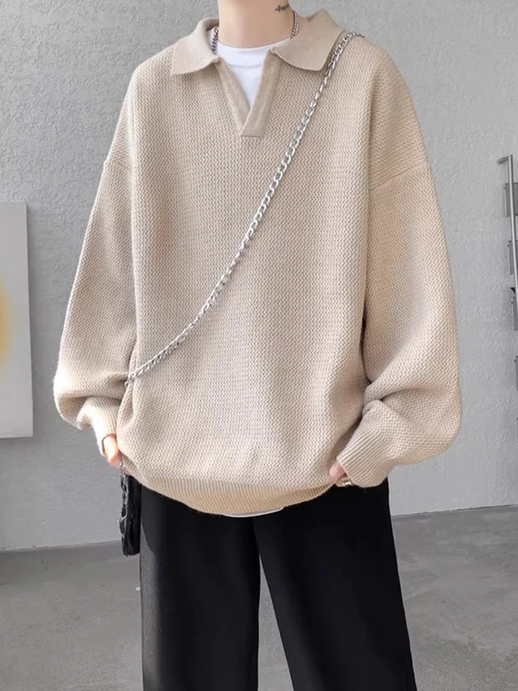 

Japanese Sle Pure Color Sweater Men's Autumn Winter Lazy Sle Turn Collar Knitted Base irt plus Size Coat
