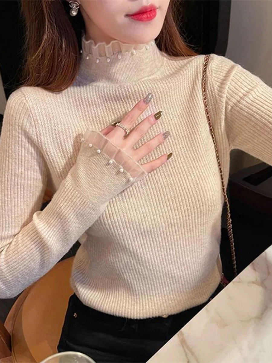 

Half Turtleneck Autumn Knitted Bottoming Shirt Lace Autumn and Winter New Women Sweater Knitted Bottoming Shirt B113