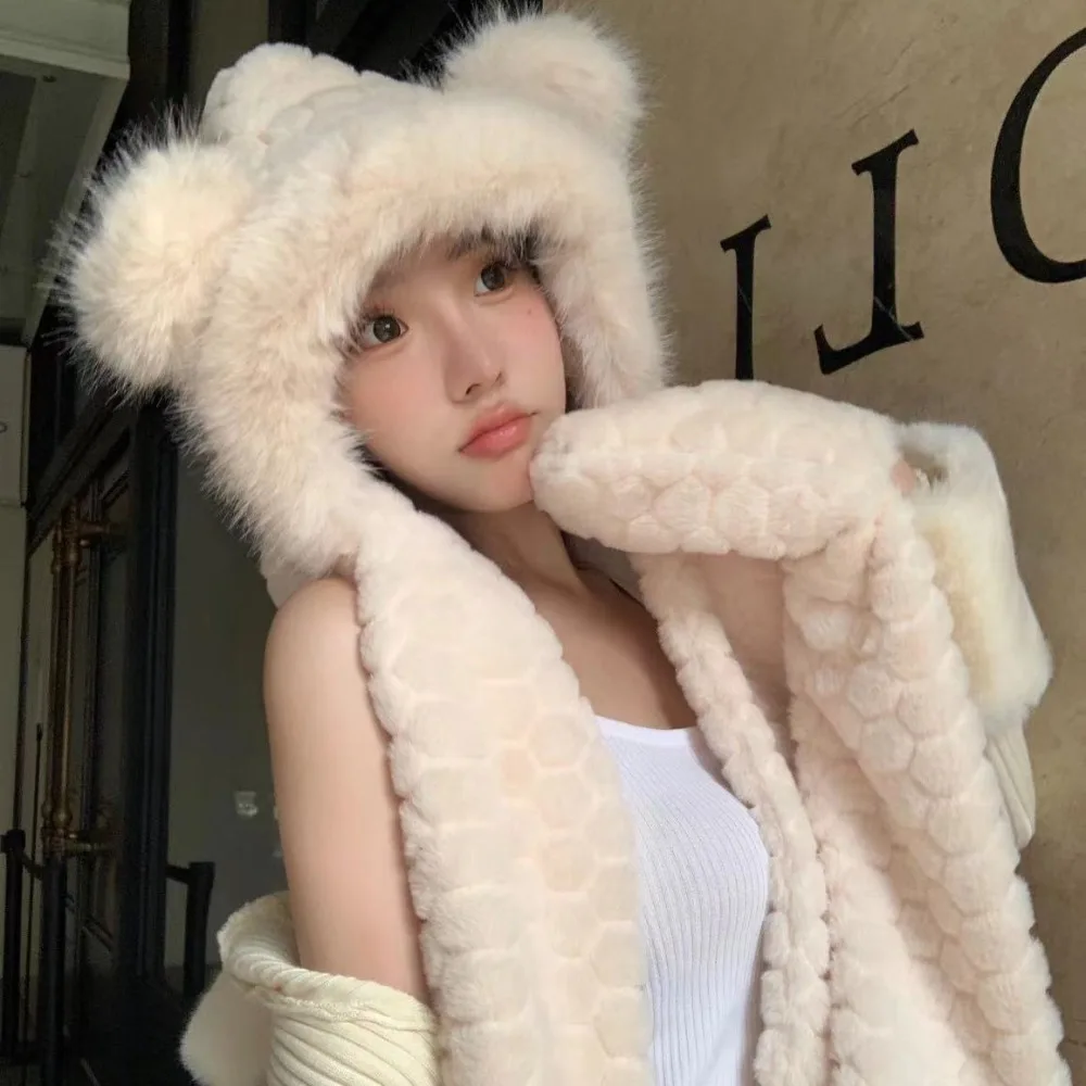 

New Thickened Plush Hat Scarf Gloves Set Cute Rabbit Ear Ram's Horn Women Beanies Cap Winter Warm Hat Autumn Winter