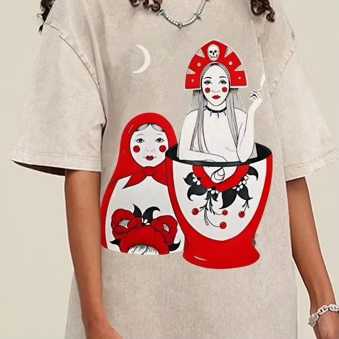 Women Oversized T‑Shirt Russian Doll Graphic Tee Vintage Washed Y2K Gothic Aesthetic Short Sleeve Crewneck Casual Streetwear Top