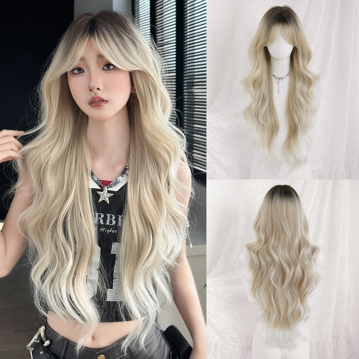 7JHH WIGS Lange Blonde Perücke mit Wellenmuster für Frauen, Synthetische Modische Perücke mit Mittelteil und Dunklen Ansätzen, Sofort Tragbar