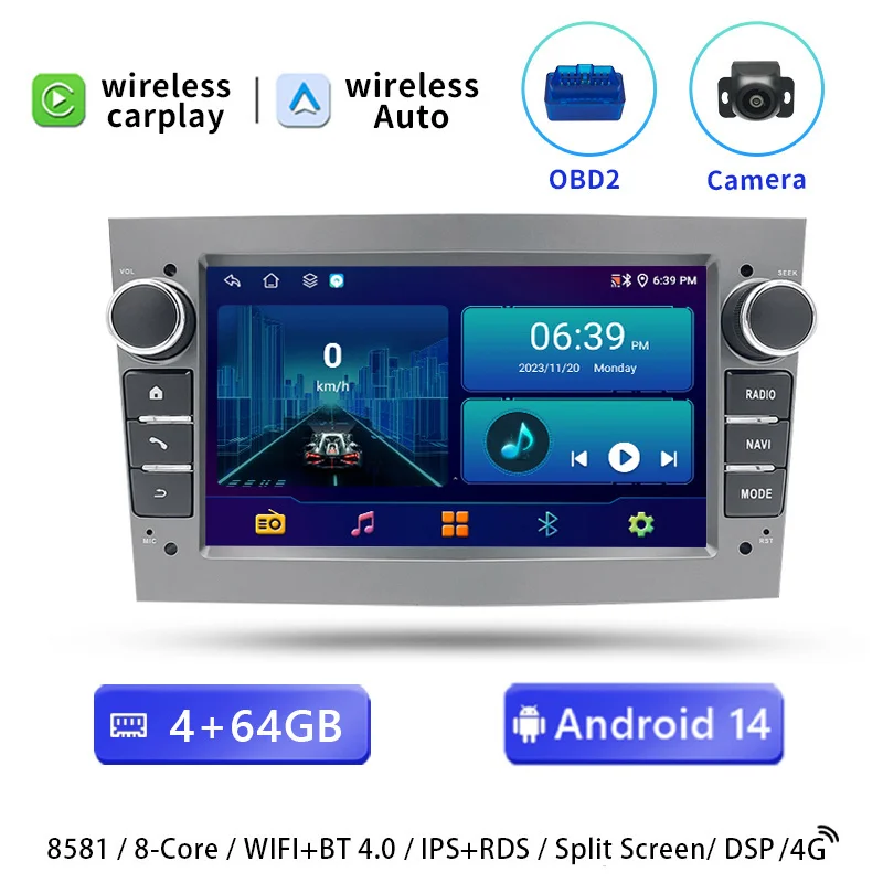 7'2 DIN Draadloze CarPlay Android 14 Autoradio voor Opel Astra Vectra Vauxhall Antara Zafira Corsa C D Vivaro Meriva Multimedia Speler GPS Navigatie WiFi 4G RDS Videobescherming Head Unit