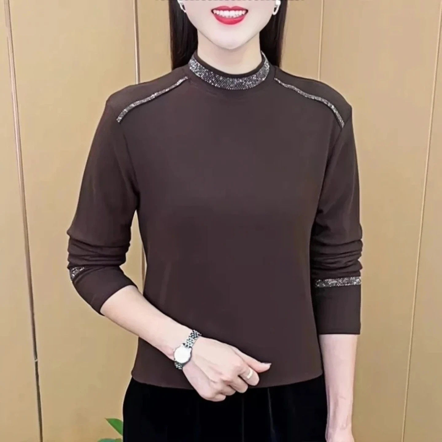 Fashionable Quilted Long Sleeve Base Shirt Half High Collar Diamond Studded Inner Wear T-Shirt for Women Autumn Season Korean...