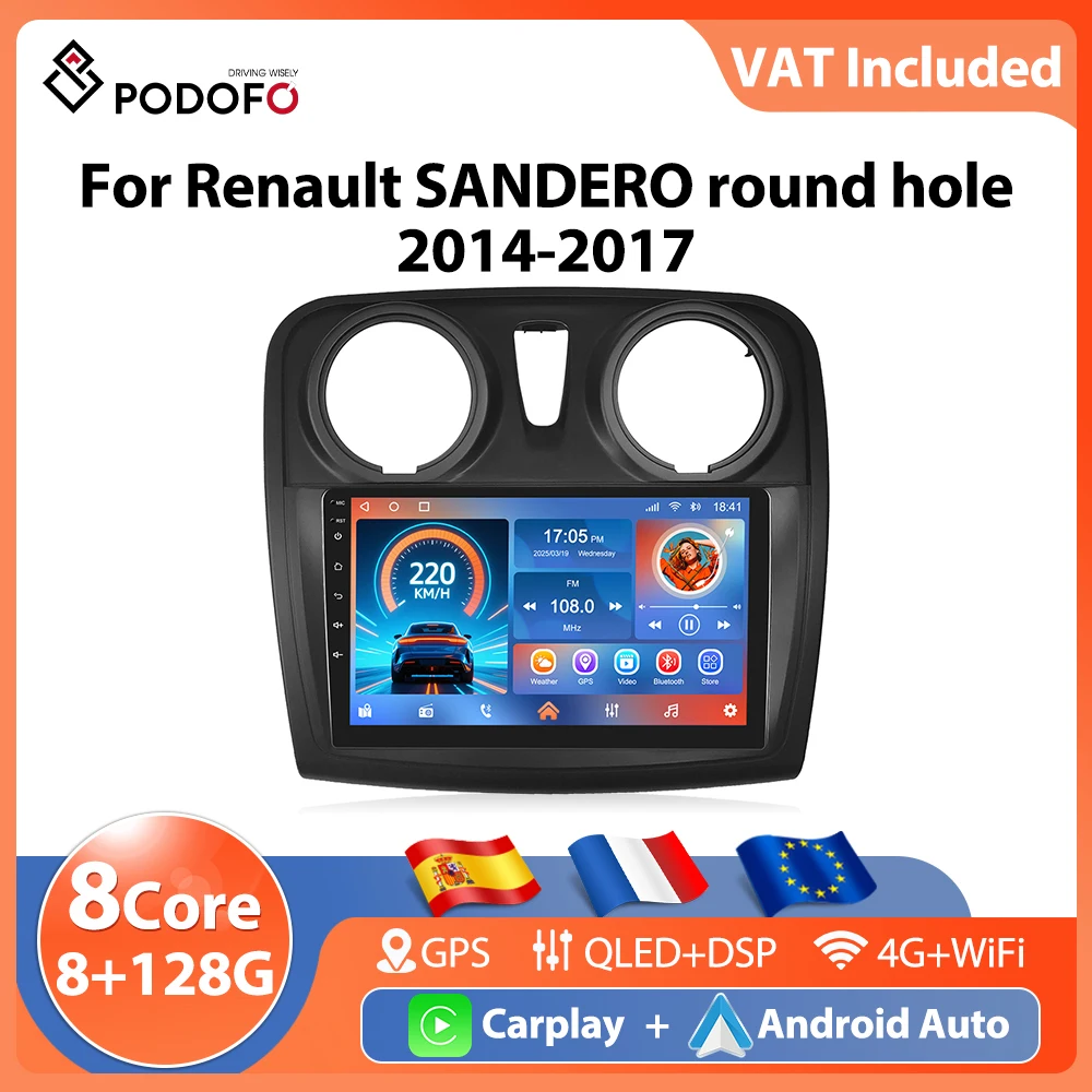 Podofo 9'' Carplay Car Radio For Renault SANDERO Round Hole 2014-2017 AI Voice Android Auto 8Core 8+128G WIFI 4G BT FM… — oferta en AliExpress