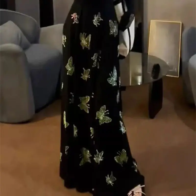 New Fashion Velvet Skirt Women Autumn French Retro Butterfly Embroidery High Waist A-line Elegant Skirts Party Jupe Clothing