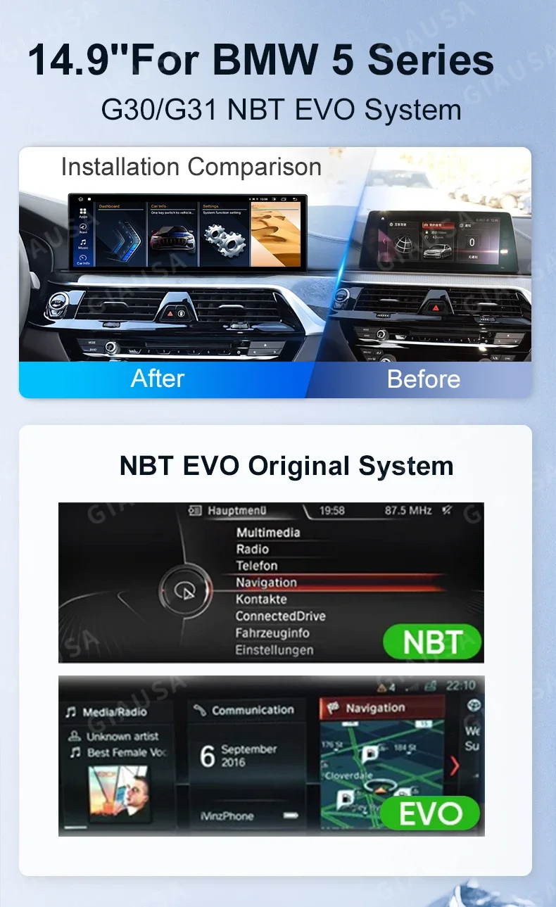14.9 Car Radio Android Auto For BMW 5 Series G30 G31G38 EVO RHD 2018-2023 Wireless Carplay Multimedia Video Player GPS Navi WIFi