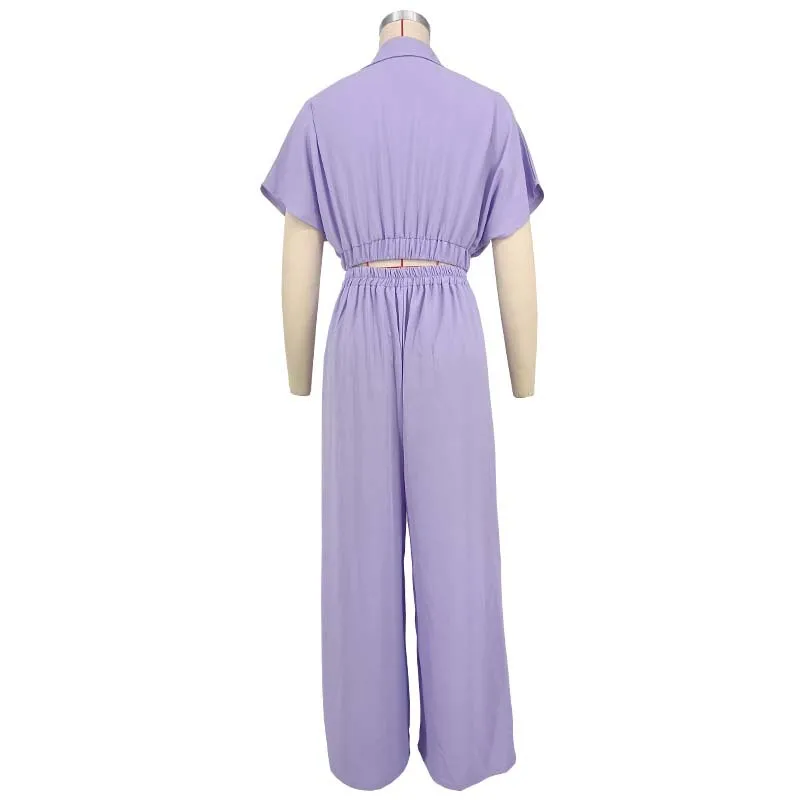 ชุดสูทลำลองแฟชั่นผู้หญิงสองชิ้น สีพื้น ปกเสื้อคอวี แขนทรงค้างคาว กางเกงขายาวทรงกว้าง ฤดูร้อน 2025