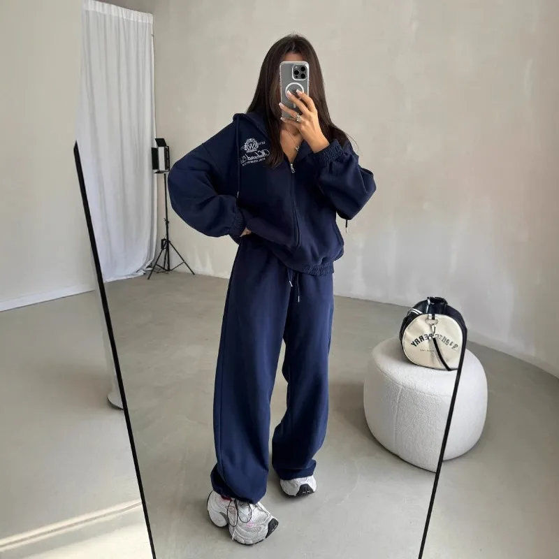 

New Casual Zipper Hooded Sweater Two-piece Set Women's High-end Embroidered Casual Trousers Lazy Set Autumn Winter Matching Sets
