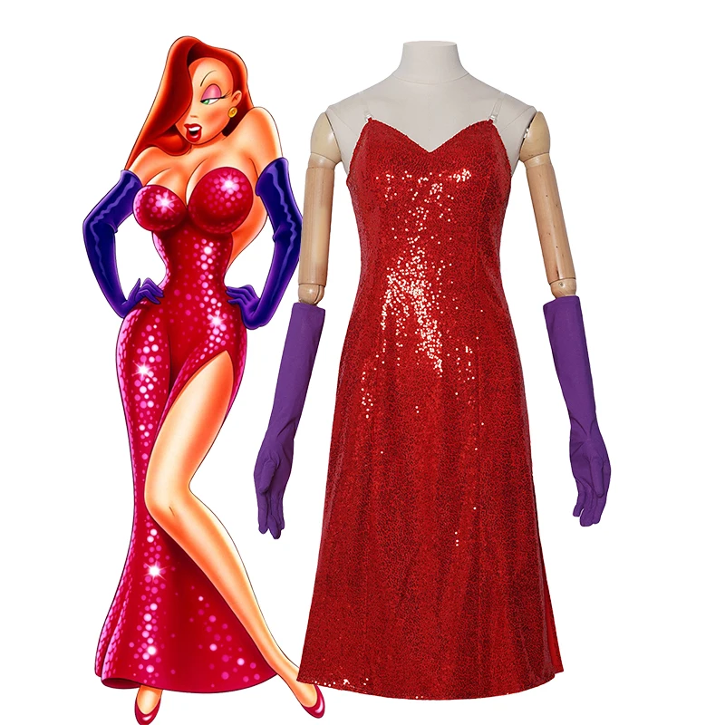 Disfraz de conejo de Anime Jessica con lentejuelas rojas, disfraz de Jessica Cosplay para mujer, vestido Sexy sin tirantes, traje de fiesta de año nuevo para club nocturno