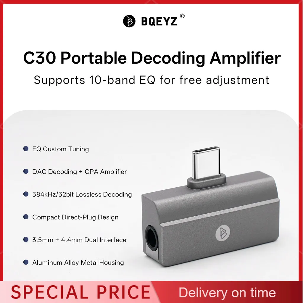 BQEYZ C30 Mini Portable DAC Amp USB-C To 3.5mm+4.4mm 32bit 384kHz 10-Band PEQ HiFi Headphone Amplifier Adapter