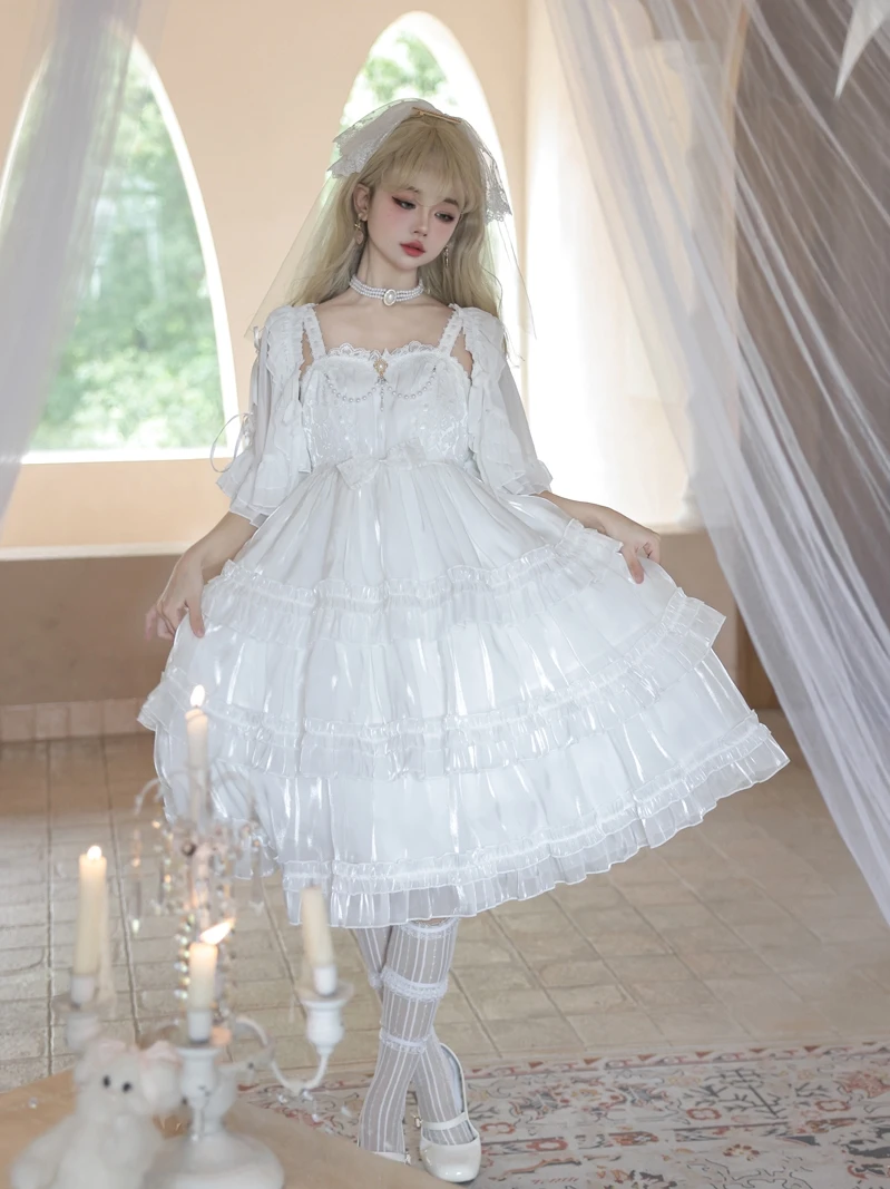 Lolita Fashion JSK Pettiskirt 2024 Summer New Fashion White High-Waist Slimming Kawaii Temperament Women's Suspender Dress