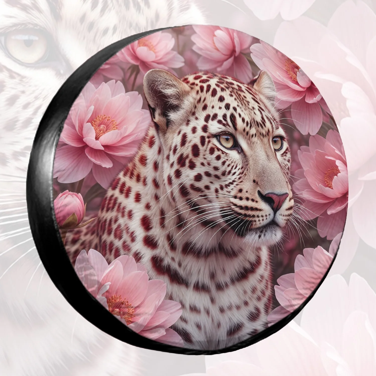 1pc Spare Tire Cover White Leopard With Red Spots In Pink Floral Scene Weatherproof Dustproof Wheel Protectors Universal Wheel C