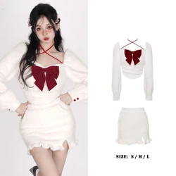 Winter Bow Kawaii Y2k Two Piece Set Women Casual Sweet Coat+mini Skirt Suit Female Korean Fashion Designer Warm Cute Set 2023