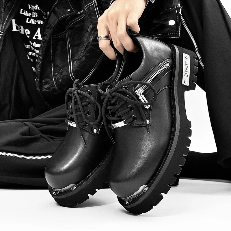 

Men's thick-soled leather shoes Designer fashion styles Work Office Party Black outdoor shoes Trendy street Casual lace up
