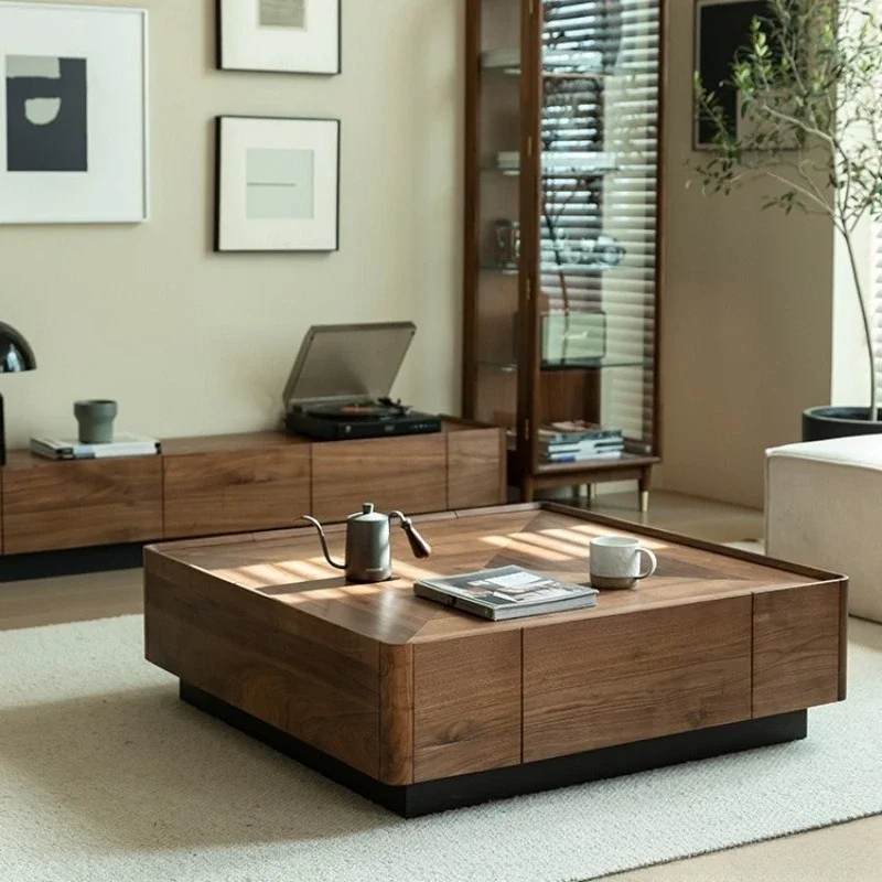 

Nordic black walnut, solid wood coffee table, living room home storage square Furniture