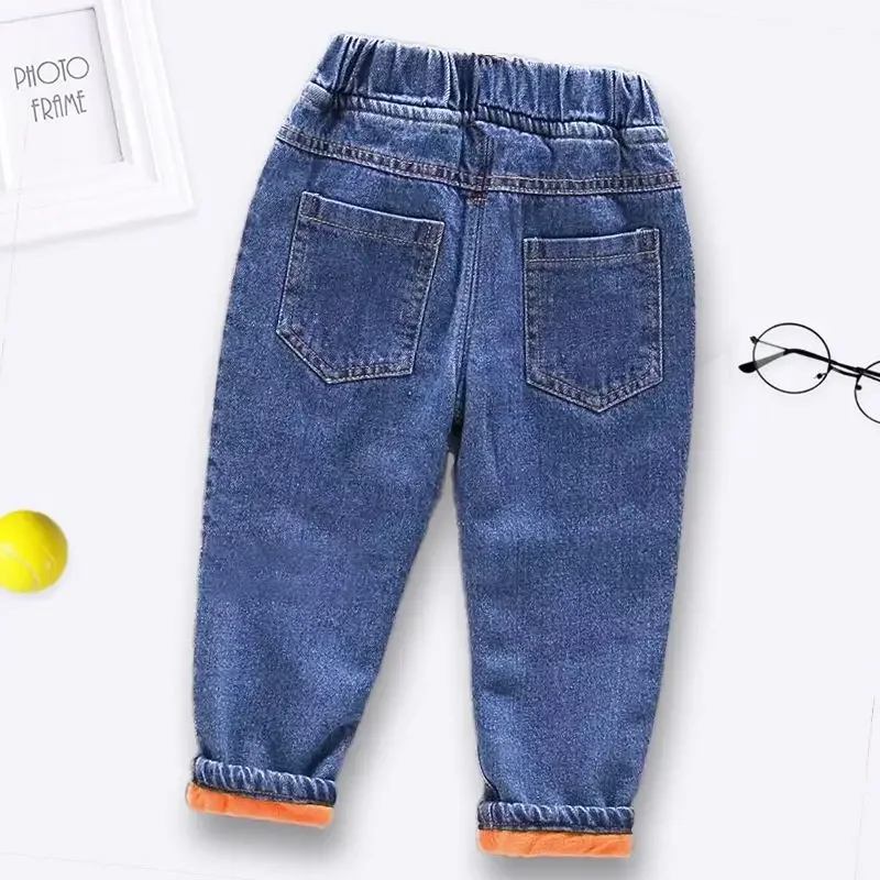 Boys/Girls Winter Plus Velvet Jeans Print Warm Kids Vaqueros Thicken Casual Harem Denim Pants Elastic Waist Children Pantalones