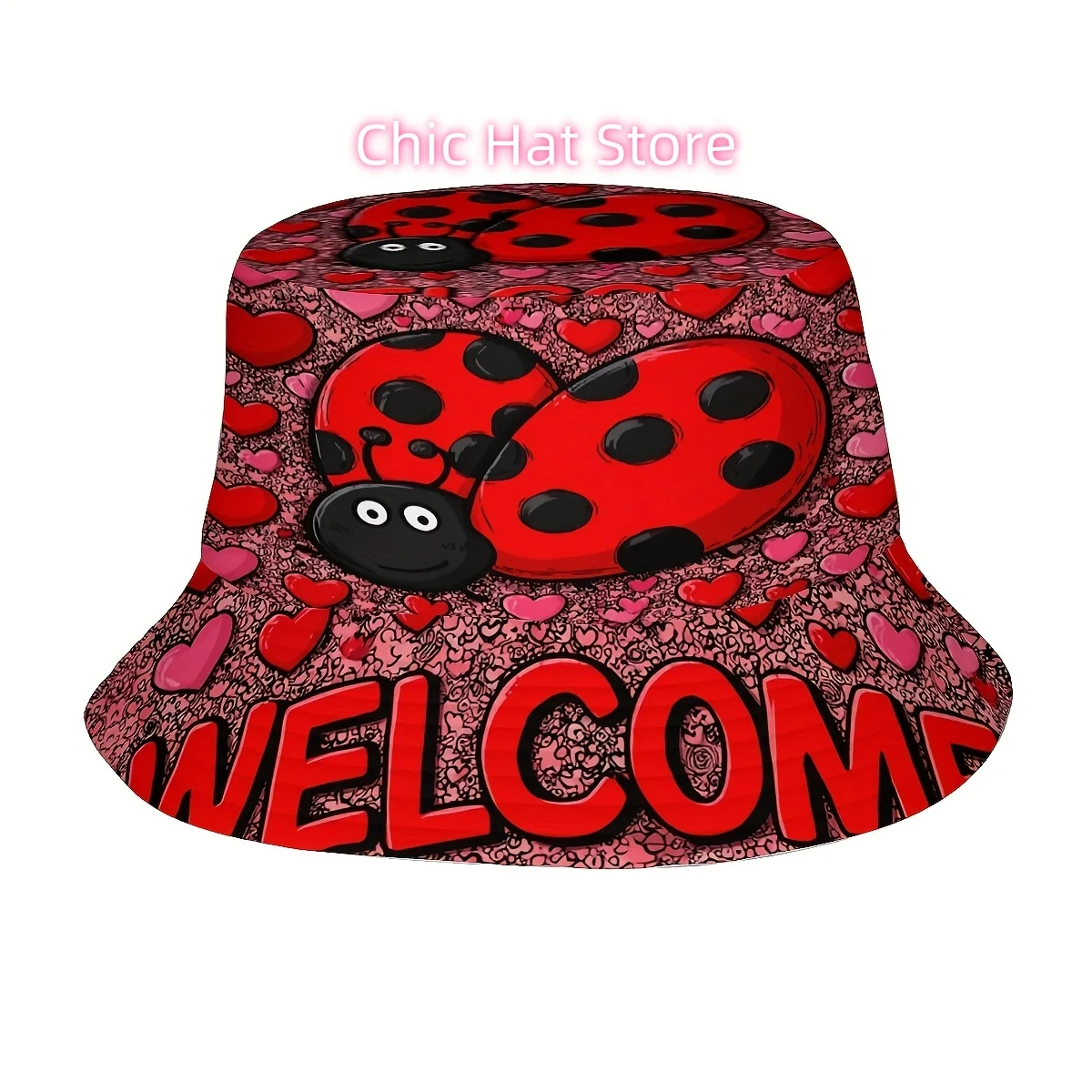 1pc Wide Brim Bucket Hat - Fisherman Hat with Red Ladybug, Hearts & WELCOME Text - All-Season Outdoor Beach, Golf, Fishing, Hiki