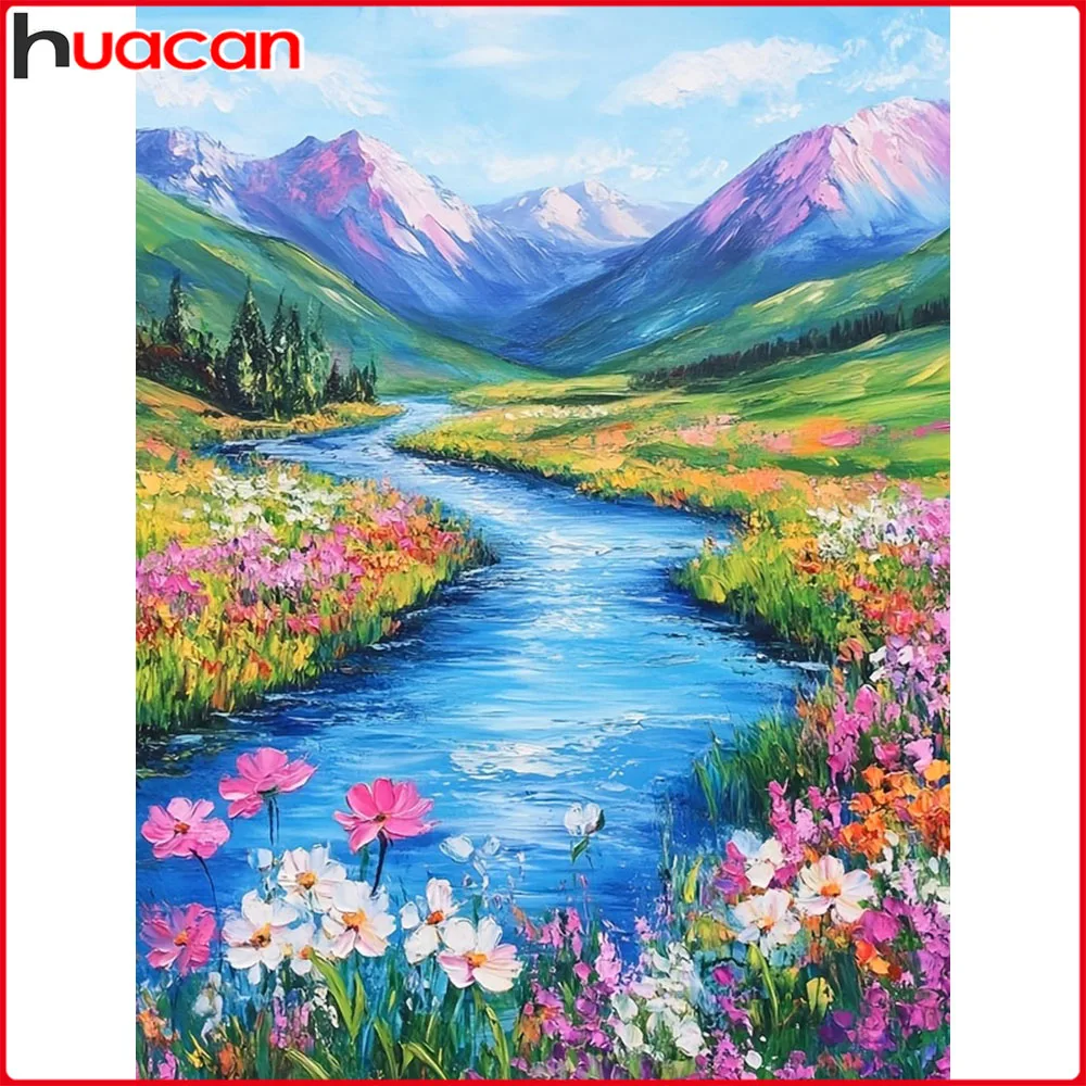 Huacan Diamantmalerei Berg Blumen Fluss Diamant-Mosaik Landschaft Komplettes Set Strass-Bilder