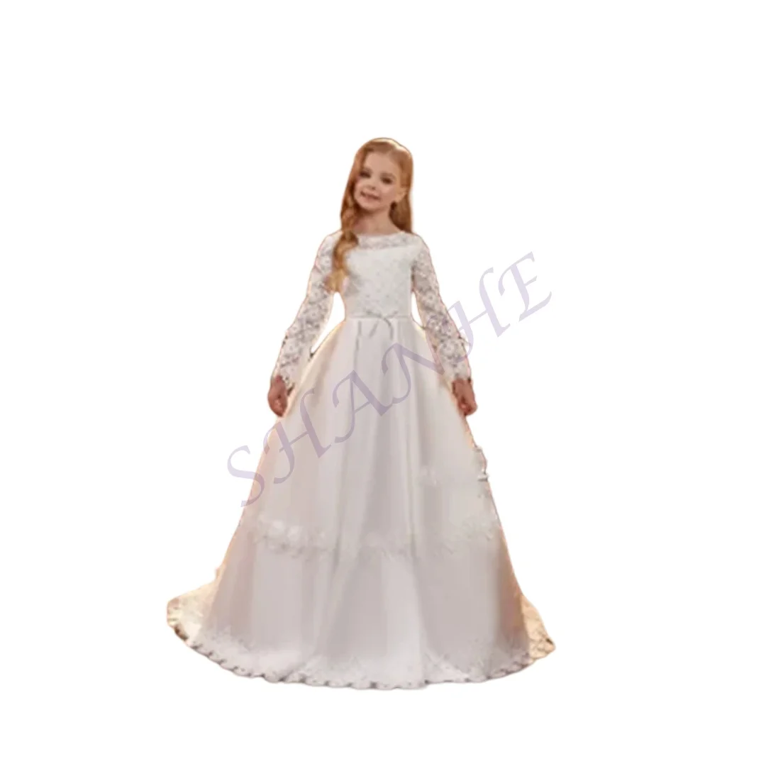 فستان فتاة الزهور من الساتان الأنيق المخصص لحفلات الزفاف مزين بالخرز وأكمام كاملة للأطفال أول عيد ميلاد الأميرة القربان المقدس P