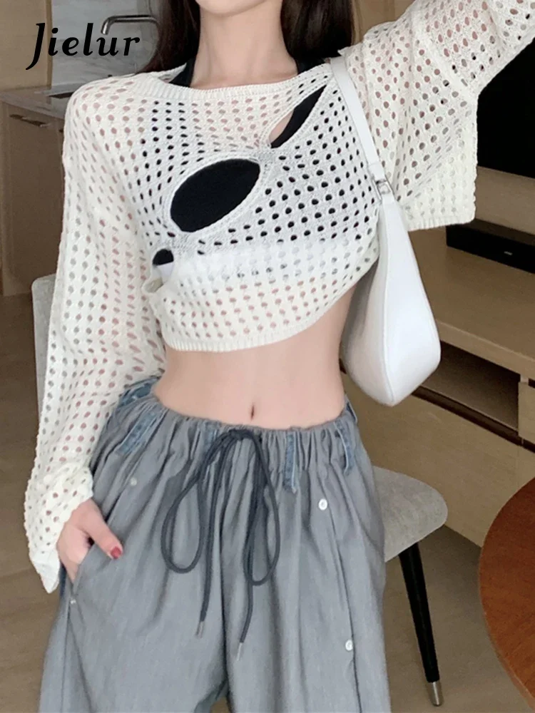 Jielur Summer Y2K Sexy Sweet Women Blouse White Hollow Out Long-Sleeved Knitted Women's Blouse Loose Fashion Creative Blouse