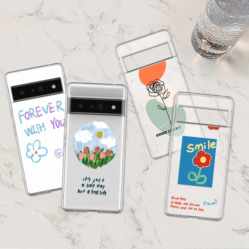 Flower Text Label Case for Google Pixel 7a 7Pro 7 6a 6 6Pro 5 5a 5G 4XL 4 2 2XL 3 3a 3aXL 4a Cover Transparent Soft TPU Fundas