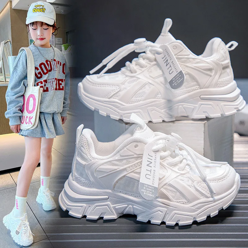 Summer Children Mesh White Shoes Kids Sports Sneakers Boys Girls Student Dad Shoes Casual Running Shoes Everyday Casual Shoes