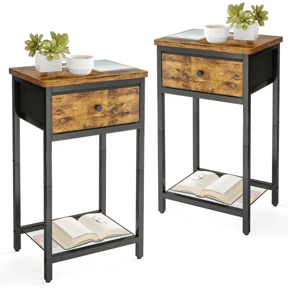 Tables de chevet avec étagère, table d'appoint avec MEL, table de chevet pour salon et chambre à coucher, lot de 2