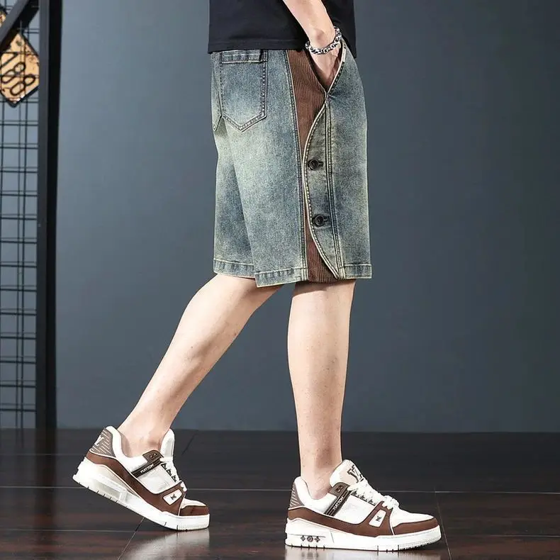 Retro Denim Shorts Men's Loose and Five-point Pants Summer Splicing Tooling Casual Pants