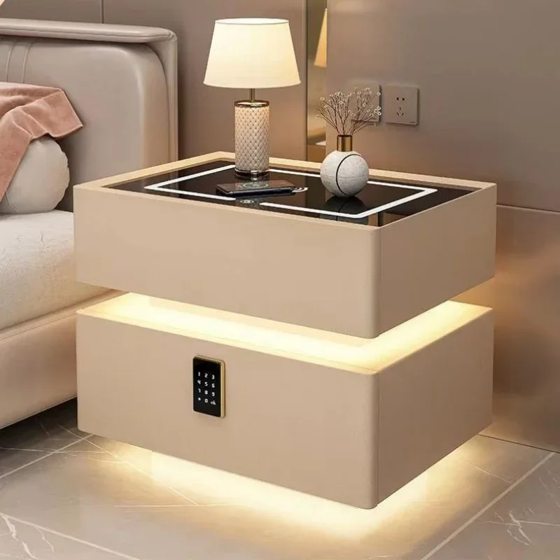 Modern Style Solid Wood Bedside Table with Wireless Charging Smart 2 Drawers Bedroom Nightstands with Lock 40cm