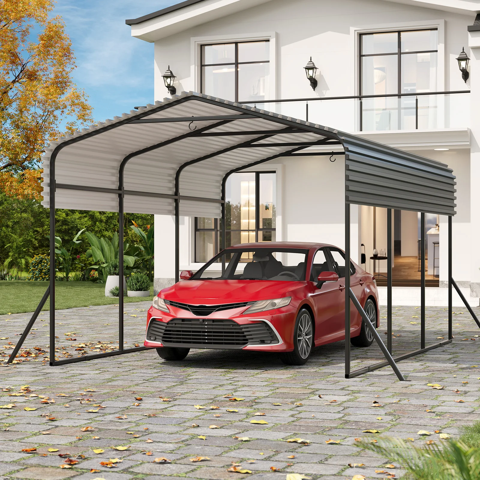Heavy Duty 10x15 FT Metal Carport, Weather-Resistant Outdoor Garage Shelter with Galvanized Steel Roof & Reinforced Base, for SUV, Truck, Boat, Backyard Storage